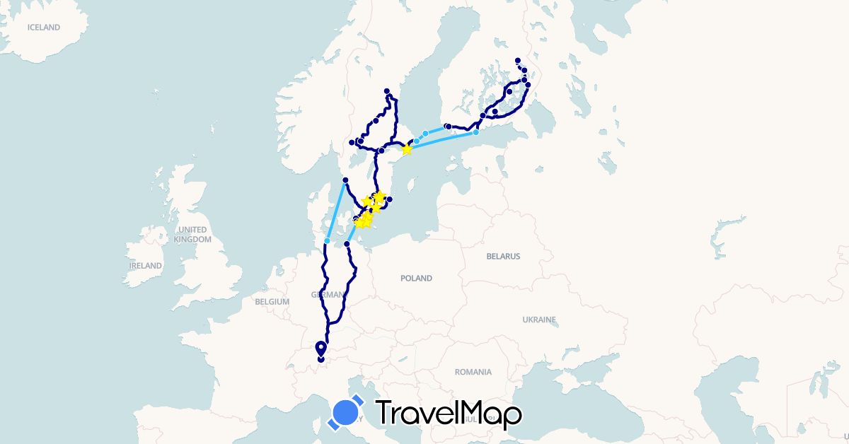 TravelMap itinerary: driving, boat in Switzerland, Germany, Finland, Sweden (Europe)