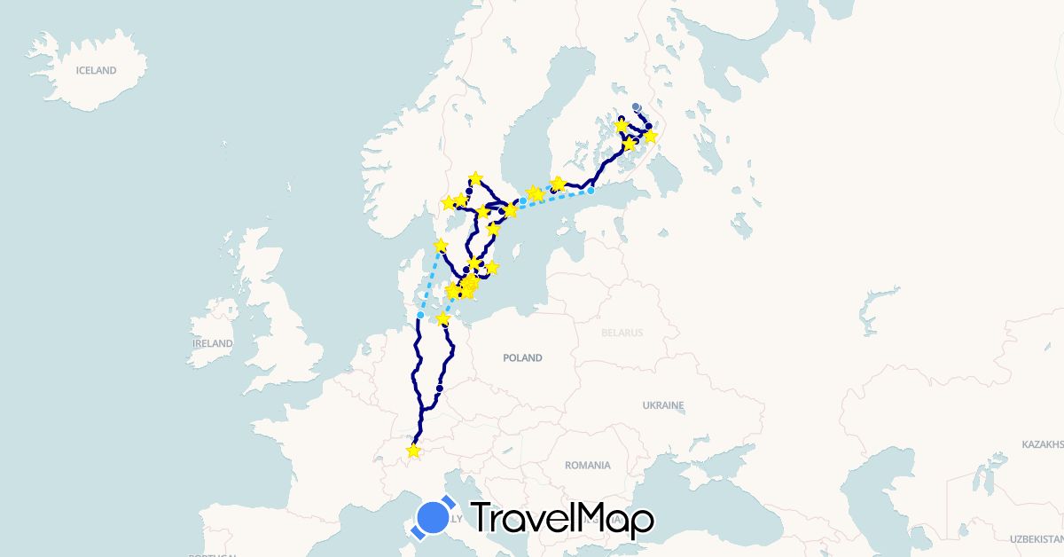TravelMap itinerary: driving, cycling, hiking, boat, zu fuss in Switzerland, Germany, Finland, Sweden (Europe)